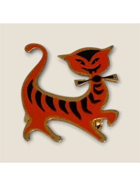 Vintage Orange & Black Cat Pin With Gold-Tone Trim Halloween Style .5x.5 Inches
